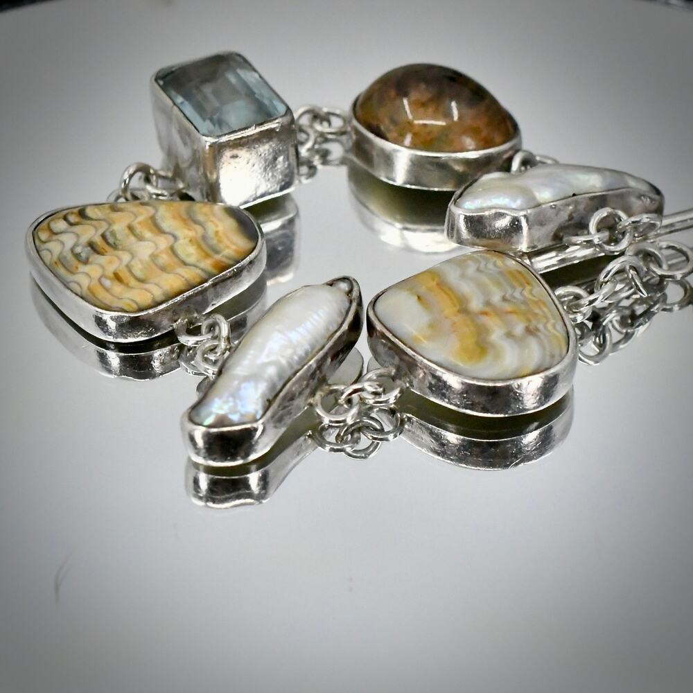 Echo of the Dreamer Sterling Silver 38g Amber Baroque Pearl Fossil Link Bracelet
